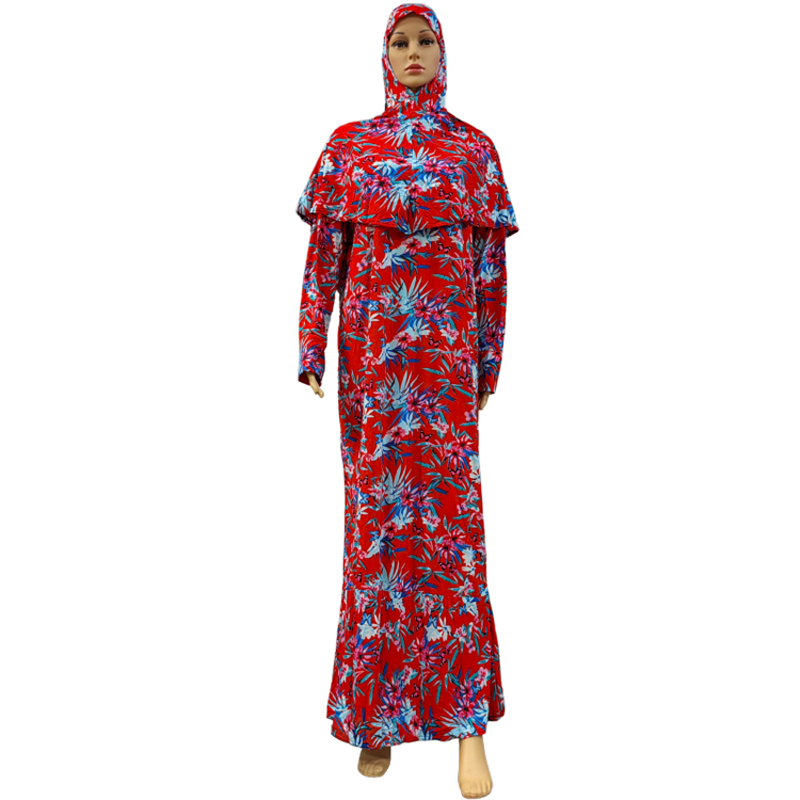New fashionable and best-selling women's Muslim-printed small floral wish body-hugging dress, long dress, headscarf and long robe two-piece set Item Picture