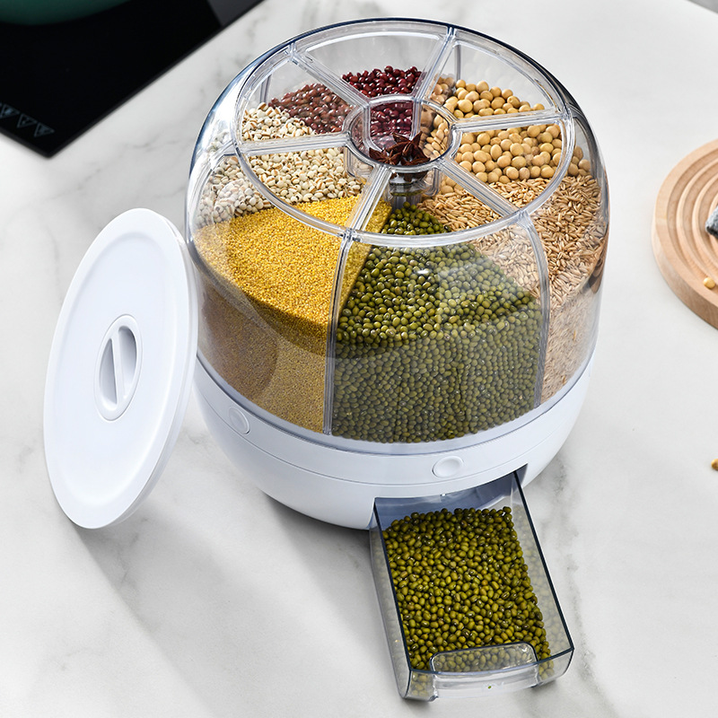 The rotating multi-compartment rice bucket for grains and cereals, the rice storage box, the household insect-proof and moisture-proof sealed storage rice box, and the rice VAT