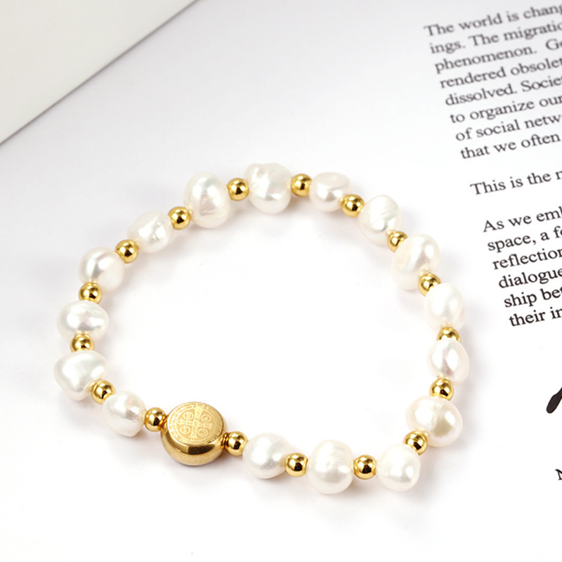 钛钢圣本笃/珍珠手链/不锈钢/串珠/神父驱魔/人手链饰/跨境直供/天然珍珠细节图