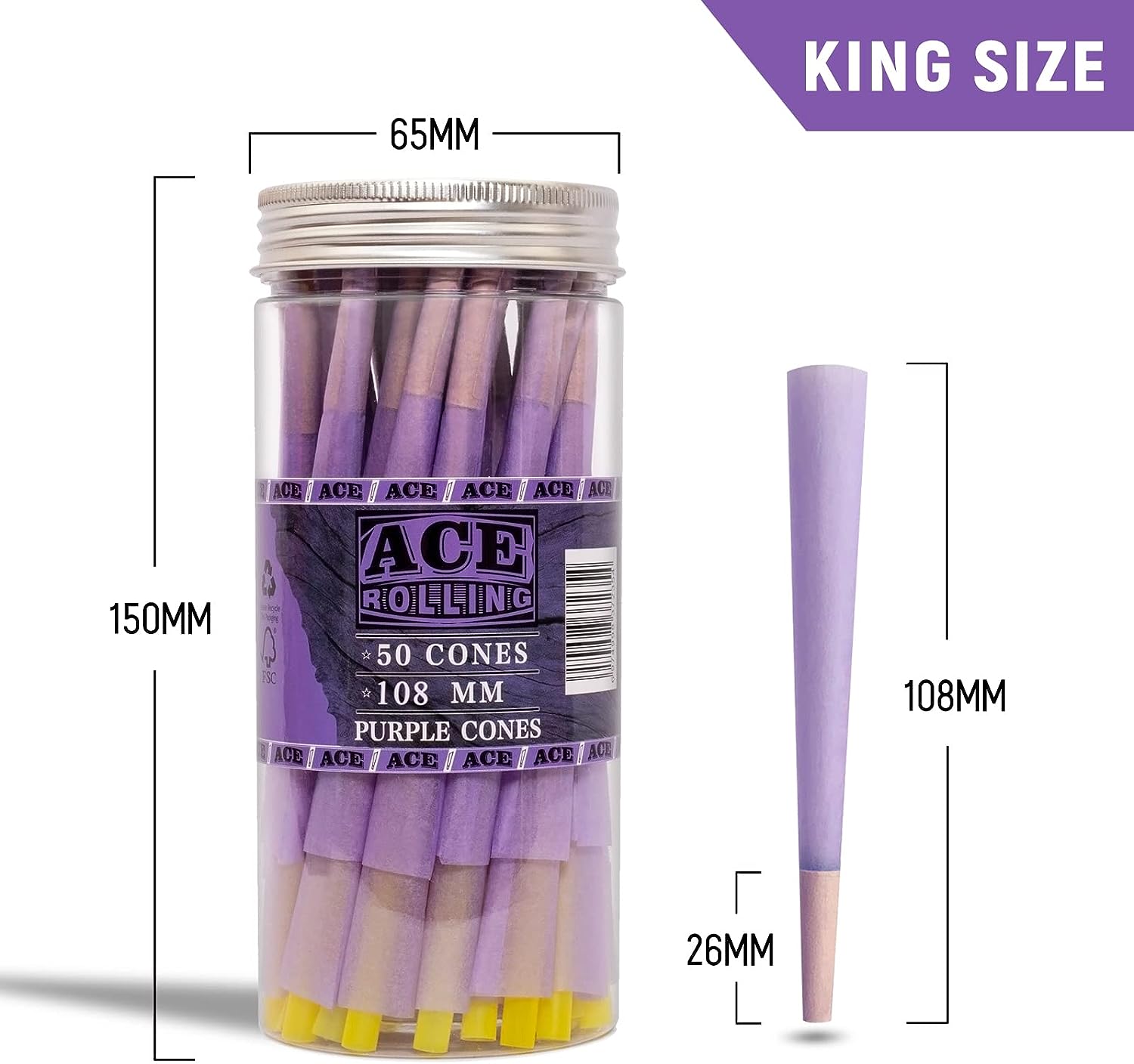ACE Rolled Purple Cones with Tips 50 rolls of Rolling Paper details Picture