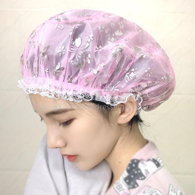 答：网红爆款/沐浴帽/防水网纱/烫银空/浴帽女/双层淋浴/洗澡帽/可爱家用细节图