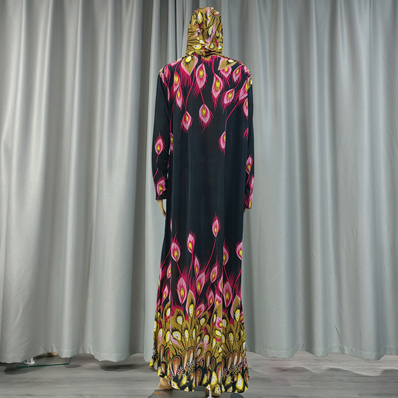 Factory wholesale best-selling lace long hooded print plus-size women's fashionable and trendy daily ethnic style long robe dress, elegant ethnic style Specification image