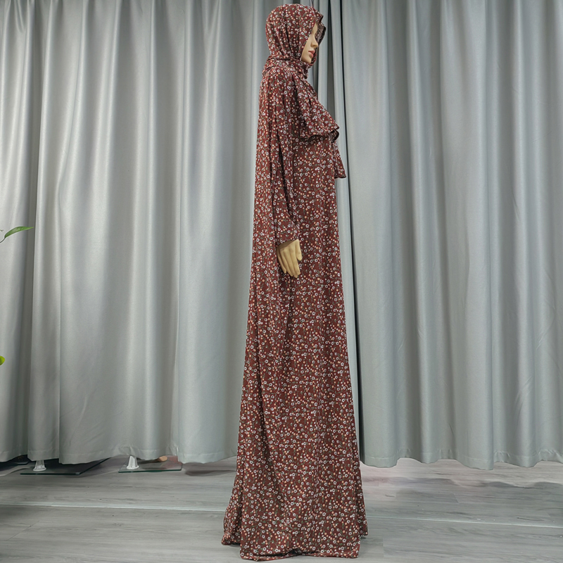 Cross-border factory direct sales, elegant women's dress with printed hooded scarves, printed small floral patterns, high-quality pure cotton fabric, long robe dress and scarf style Specification image