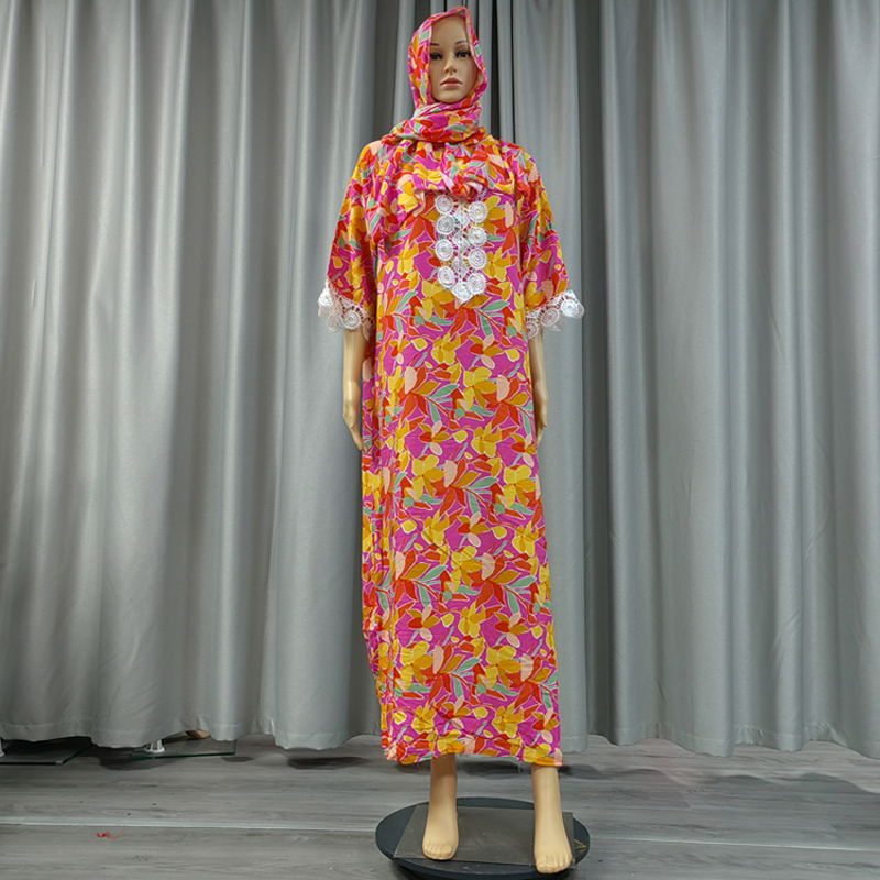 Factory direct sales, cross-border European and American hooded Amazon home wear, African European and American women's hooded scarves, short-sleeved printed flower long robes, dresses Specification image