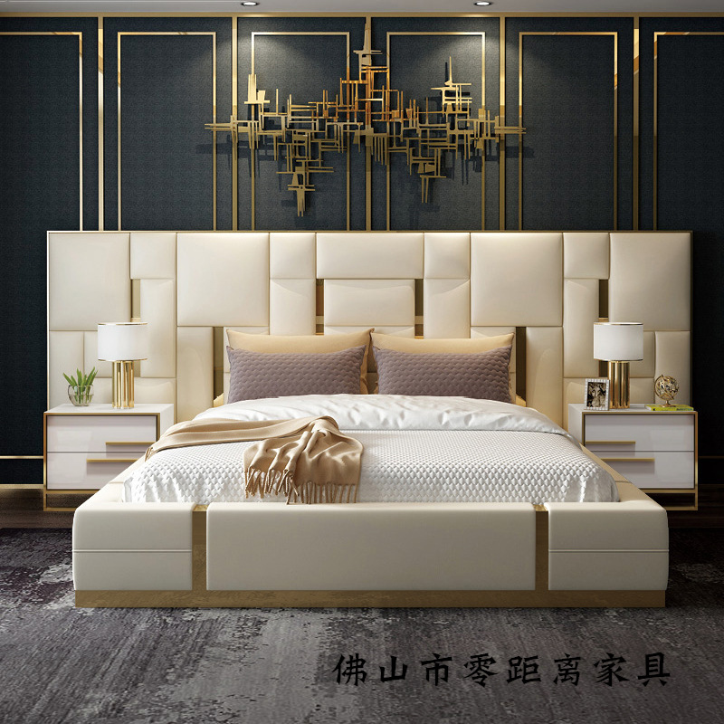 Light luxury leather bed Master bedroom Postmodern bedroom bed widescreen Hong Kong style network red ins high-grade wedding high back leather bed