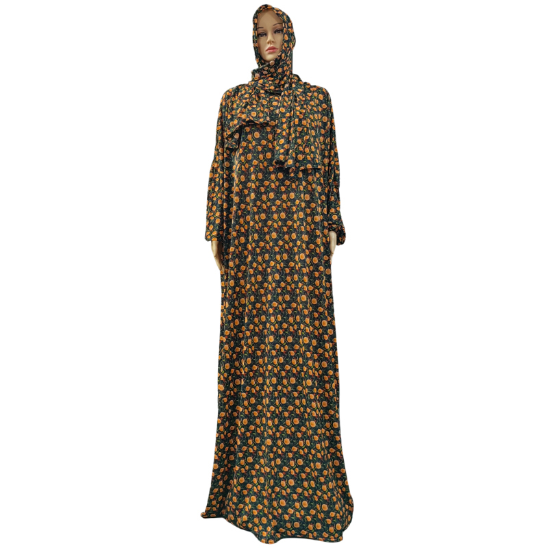 Cross-border factory direct sales, elegant women's dress with printed hooded scarves, printed small floral patterns, high-quality pure cotton fabric, long robe dress and scarf style