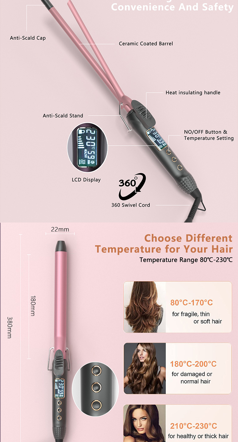 8603A-KB curling iron manufacturer wholesale temperature-controlled curling iron ceramic glaze curling iron shaping rod 9mm, curling rod 38mm pic 3