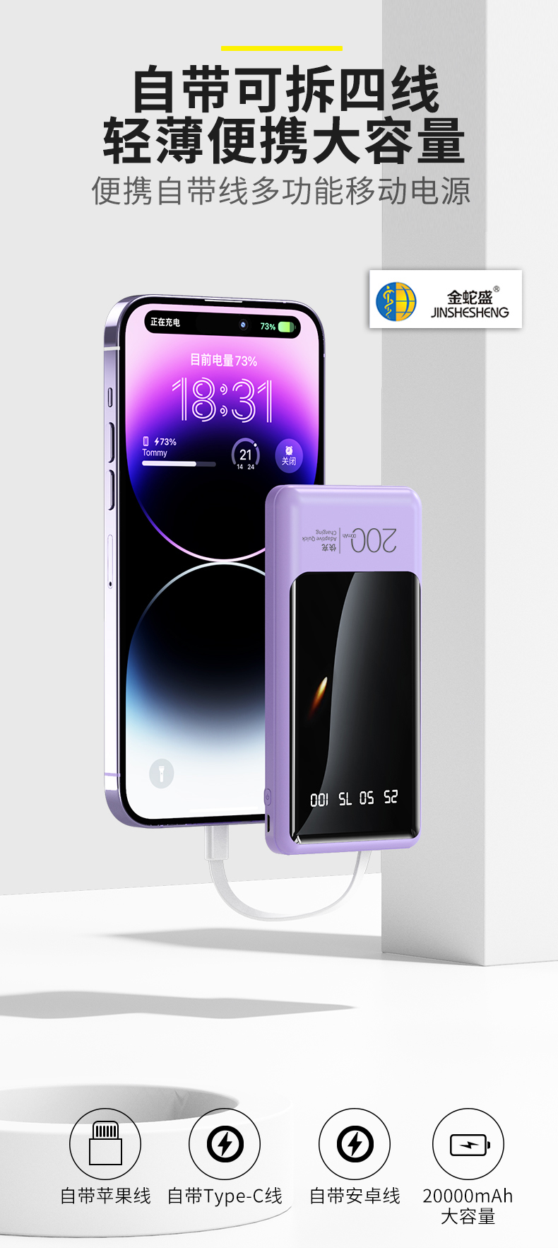 Jinshesheng brand polymer battery cell 20,000 mah detachable 4-wire smart display screen super fast charging mobile power bank pic 10