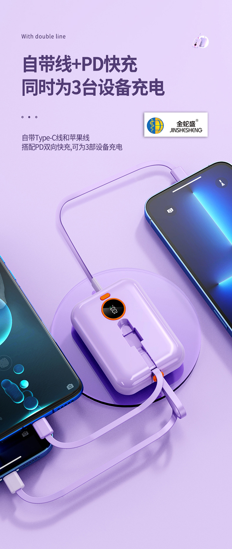 金蛇盛品牌1万毫安迷你自带2线挂绳PD20W超级快充移动电源详情14