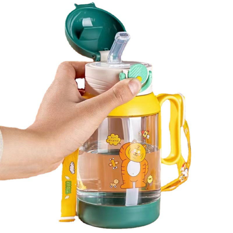 Cute cartoon children's tritan straw cup, creative portable water cup, high appearance level anti-drop water bottle for female summer students Item Picture