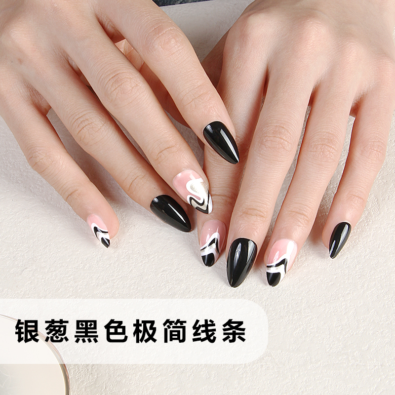The new 24-piece black minimalist line wearable nail strap jelly rubber nail cat's eye false nail is selling well and is a high-end style in stock Specification image