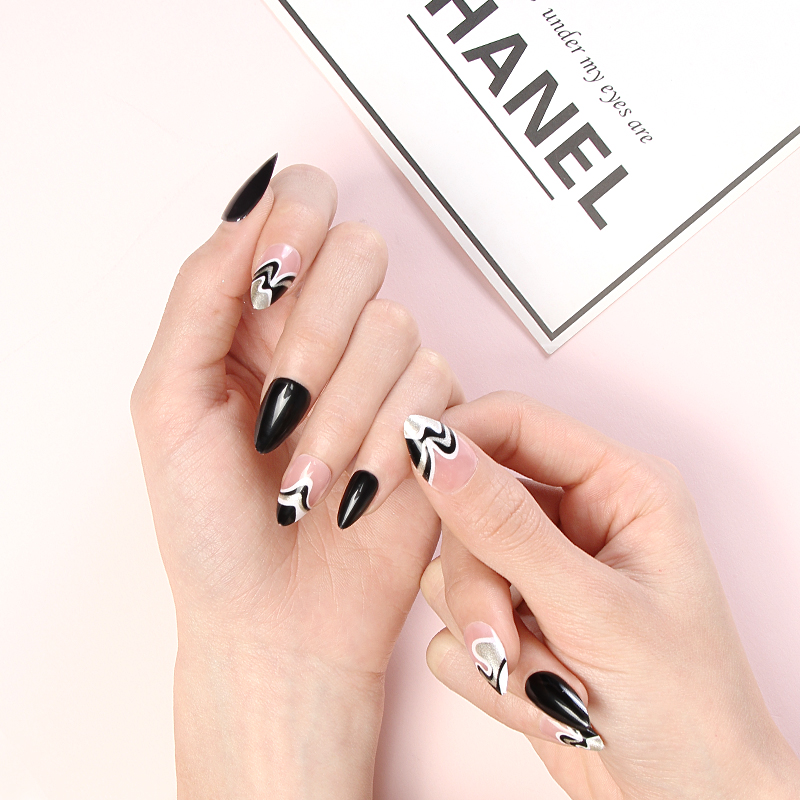 The new 24-piece black minimalist line wearable nail strap jelly rubber nail cat's eye false nail is selling well and is a high-end style in stock details Picture