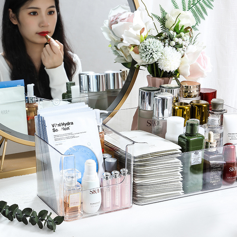 A14-16 Desktop Cosmetics Storage Box Transparent Portable Book Bottle Jar Organizer Box Door Application Scenario