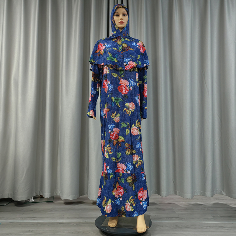 New fashionable and best-selling women's Muslim headscarf and robe two-piece set with printed small floral patterns wish European and American slim-fitting jumpsuit long dress + headscarf Specification image