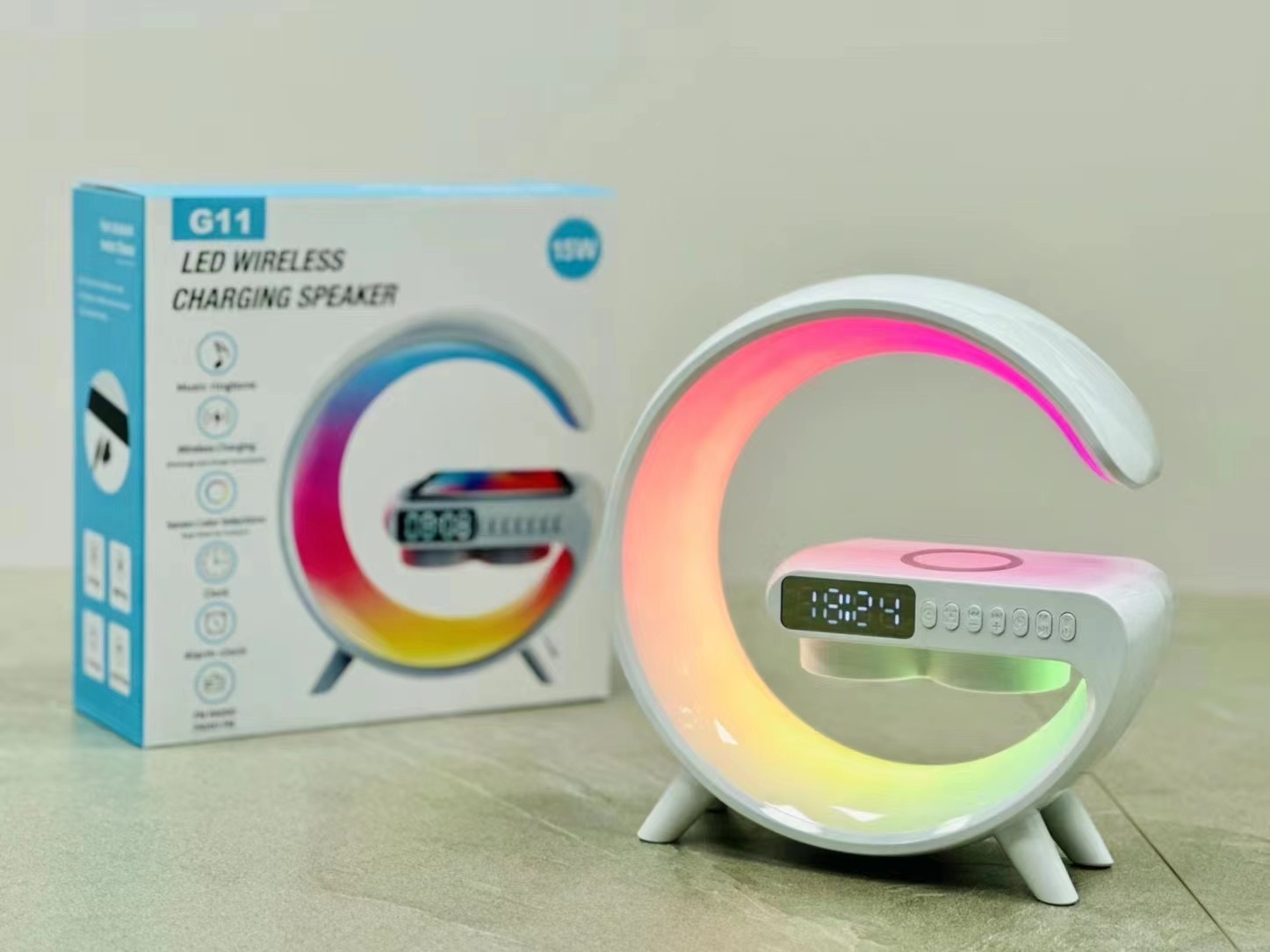 新款无线蓝牙音箱，蓝牙音响 15W无线充音箱 彩灯时钟闹钟定时 G11图
