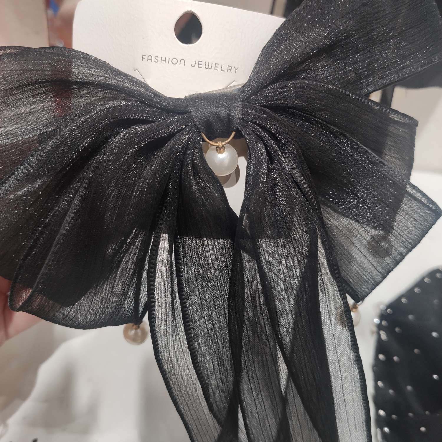 实拍黑色纱质蝴蝶结弹簧夹珍珠吊坠发夹发饰头饰                                      