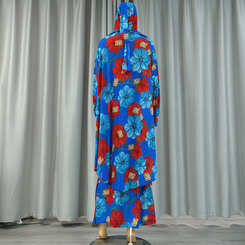 A new cross-border bestseller of daily ethnic, European and American fashion, a two-piece set of long wharf scarf long dress, printed large flower women's prayer robe and casual long robe Specification image