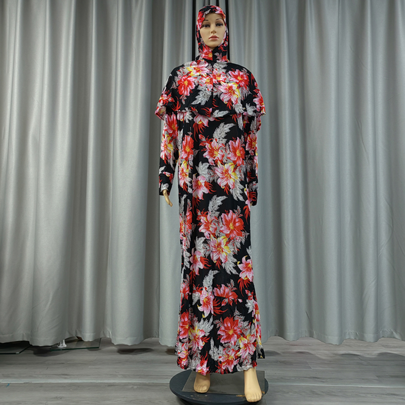 New fashionable and best-selling women's Muslim headscarf and robe two-piece set with printed small floral patterns wish European and American slim-fitting jumpsuit long dress + headscarf details Picture
