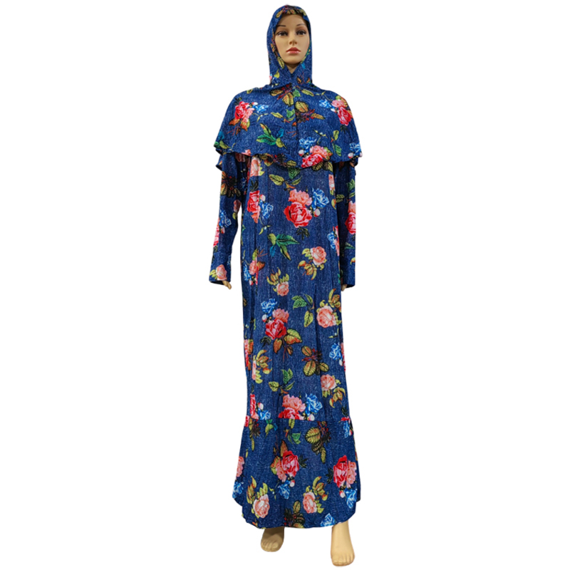 New fashionable and best-selling women's Muslim headscarf and robe two-piece set with printed small floral patterns wish European and American slim-fitting jumpsuit long dress + headscarf Item Picture