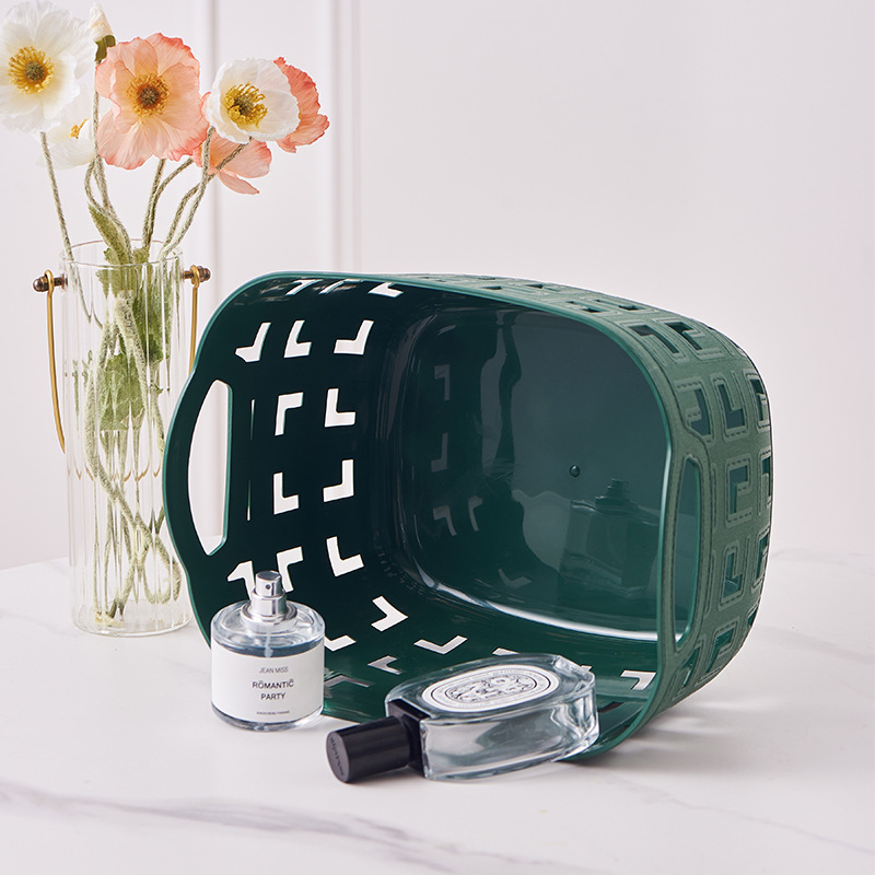 Double-ear oval L large leather-textured storage basket, plastic PP hand-held desktop storage basket, kindergarten toy organizing basket details Picture