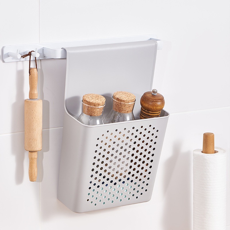 Kitchen cabinet door wall-mounted small basket, plastic PP hollowed-out miscellaneous storage basket, living room wall-mounted gray and white storage basket details Picture