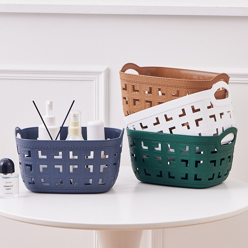 Double-ear oval L large leather-textured storage basket, plastic PP hand-held desktop storage basket, kindergarten toy organizing basket Specification image