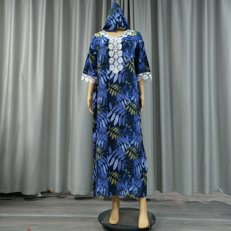 Factory direct sales, cross-border European and American hooded Amazon home wear, African women's hooded scarf, short-sleeved printed flower long robe dress, short-sleeved African women's large-sized cotton Specification image