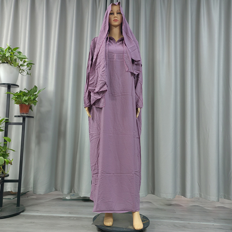 Muslim solid-color fashionable long dress, elegant women's scarf style, hooded pure cotton one-piece long dress, long robe, dignified ethnic style prayer robe Specification image