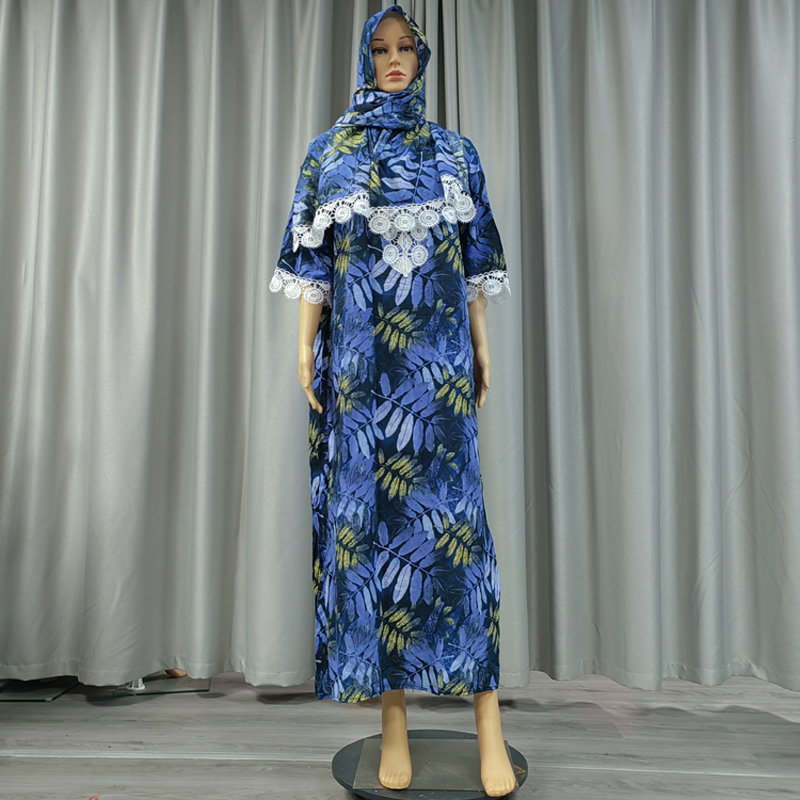 Factory direct sales, cross-border European and American hooded Amazon home wear, African women's hooded scarf, short-sleeved, printed flower long robe, jumpsuit, long skirt with lace at the neckline Application Scenario