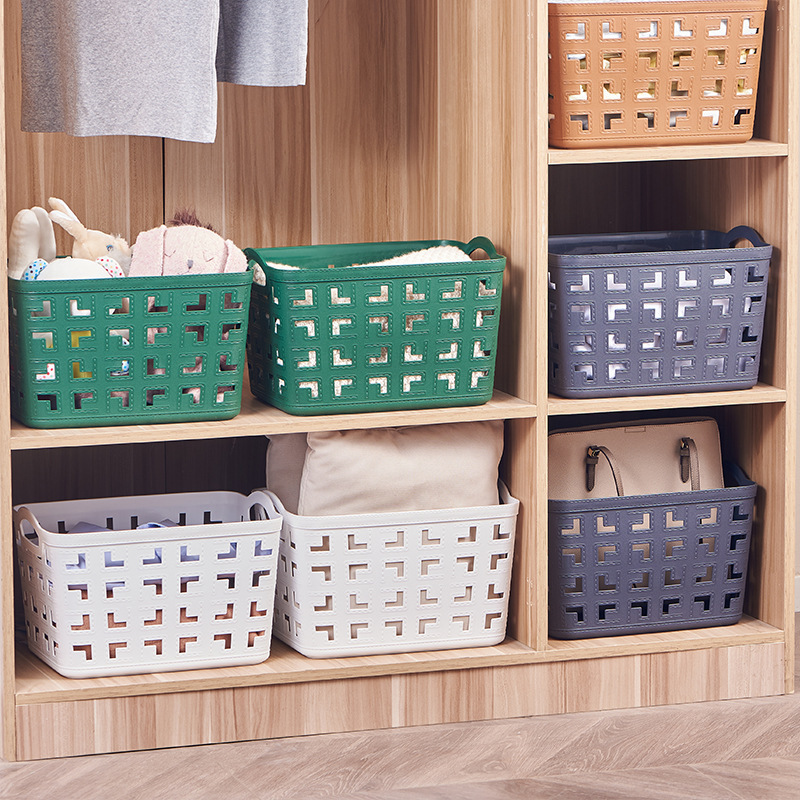 Double-ear square L large leather-textured storage basket, vegetable and fruit storage basket, plastic bathroom sundries sorting and storage