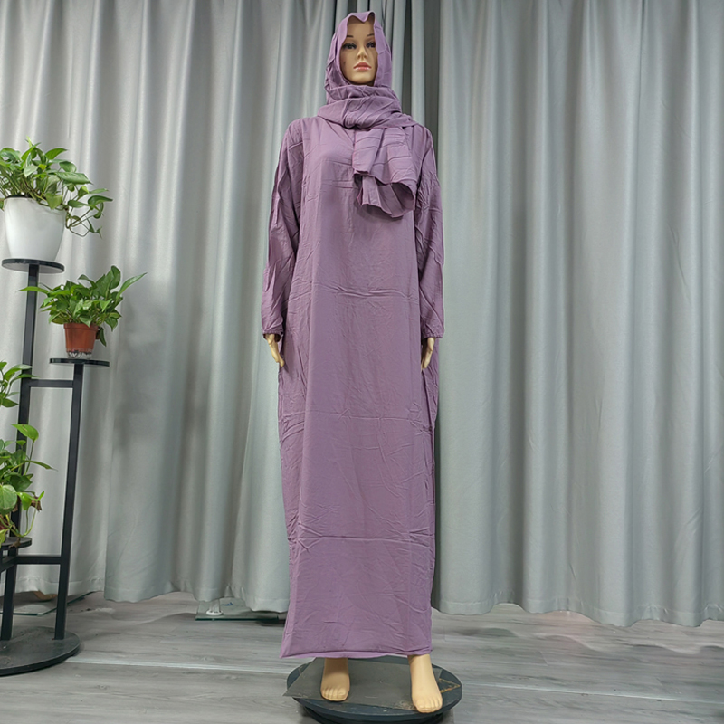 Muslim solid-color fashionable long dress, elegant women's scarf style with hat, pure cotton dignified prayer robe, ethnic style long dress and long robe Specification image