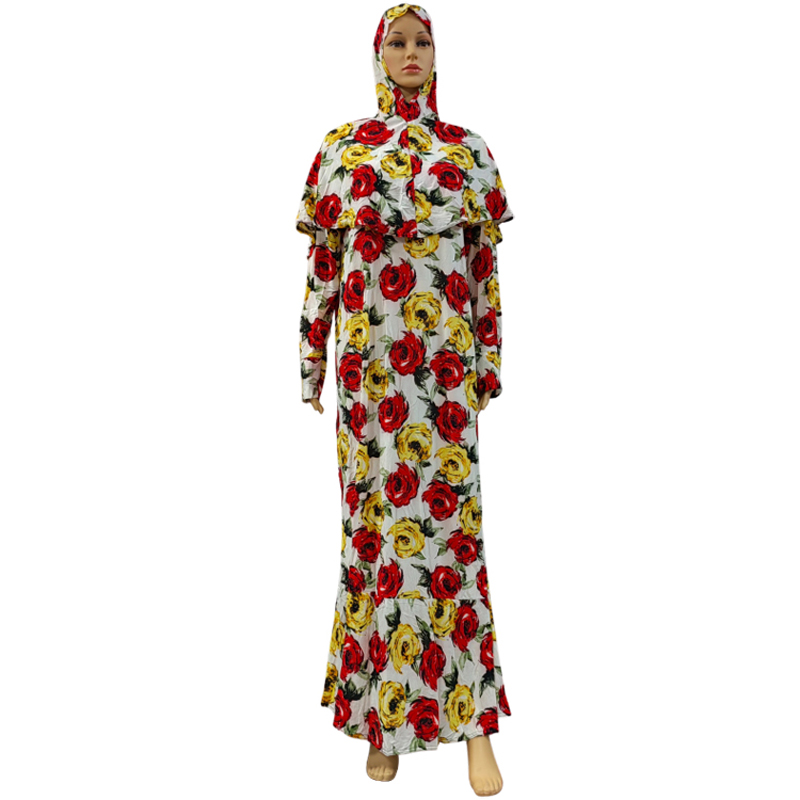 New fashionable and best-selling women's Muslim headscarf and robe two-piece set with small floral prints, wish European and American slim-fitting one-piece dress, headscarf and long dress two-piece set Item Picture