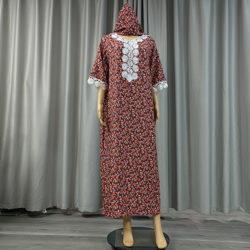 Factory direct sales of cross-border European and American hooded Amazon home wear, short-sleeved printed flower long robe dress, African women's hooded scarf, short-sleeved two pieces details Picture