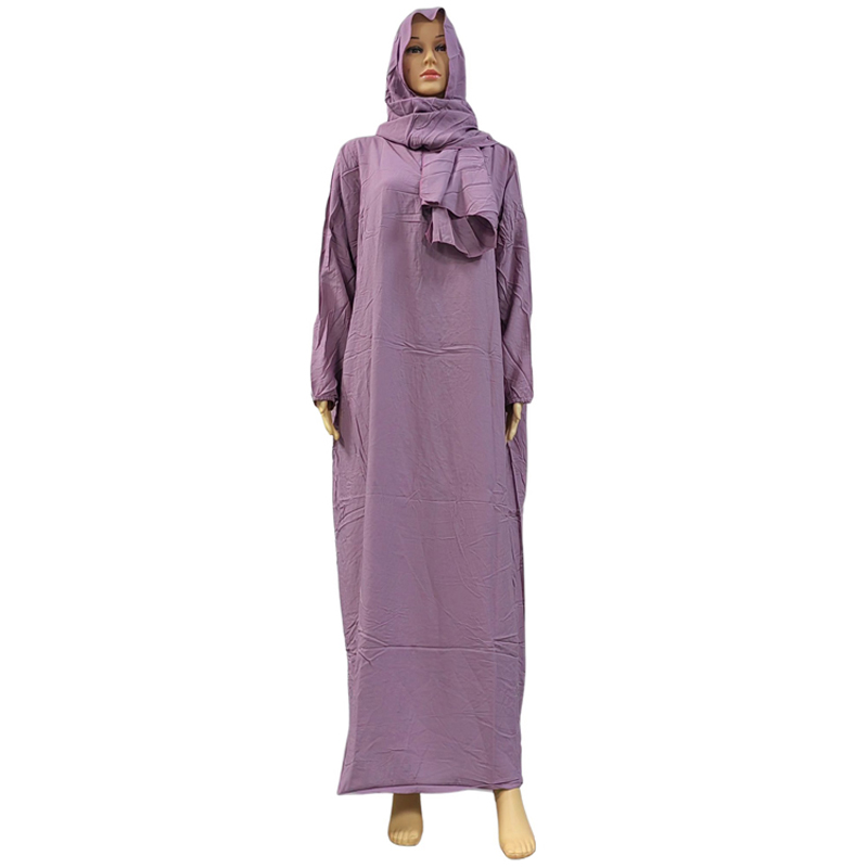Muslim solid-color fashionable long dress, elegant women's scarf style, hooded pure cotton one-piece long dress, long robe, dignified ethnic style prayer robe Item Picture
