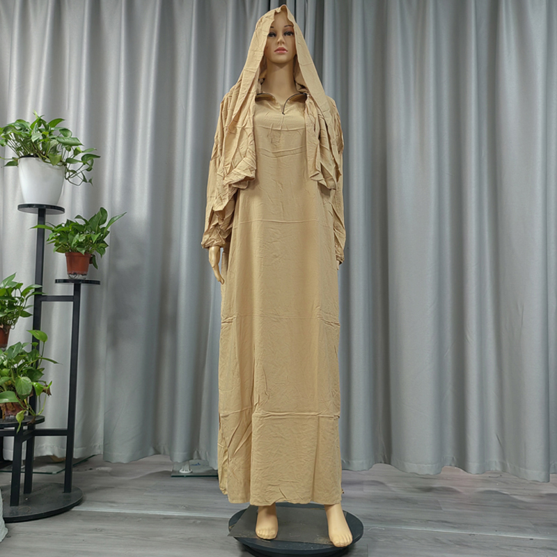 Muslim solid-color fashionable long dress, elegant women's scarf style, hooded pure cotton one-piece long dress, long robe, dignified ethnic style prayer robe details Picture