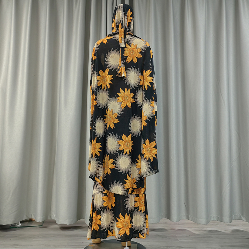 A two-piece set of cross-border large wharf scarf long dress, printed large flower women's prayer robe, casual daily, ethnic, European and American fashion new long dress, hot-selling long style Application Scenario