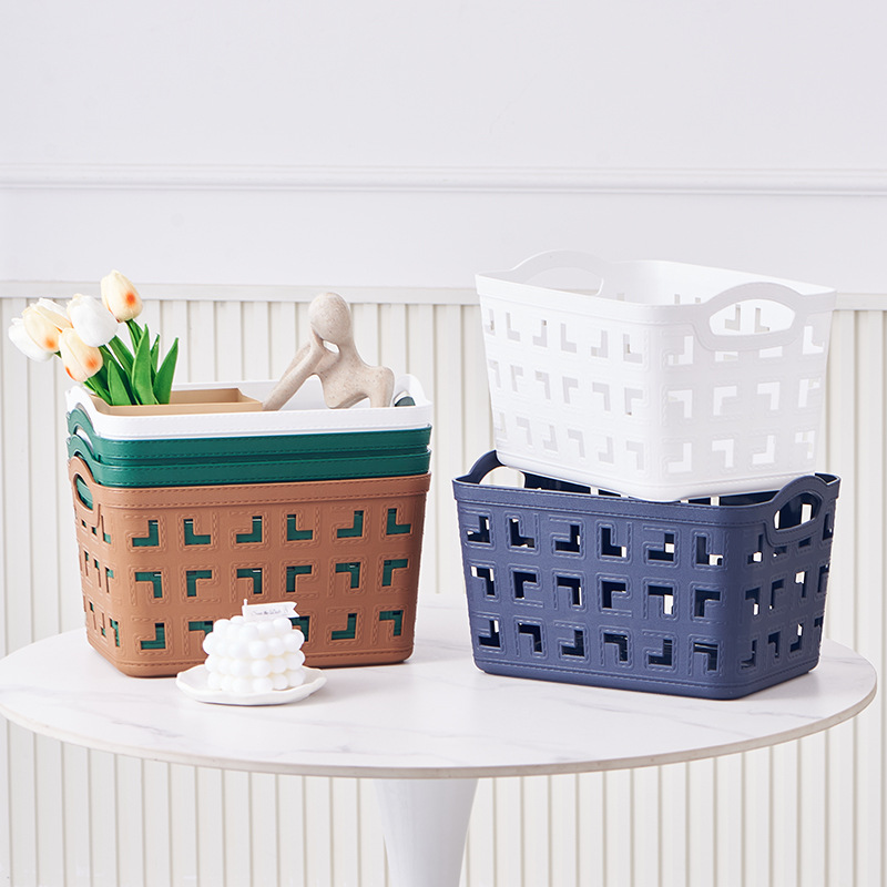 Double-ear square L large leather-textured storage basket, vegetable and fruit storage basket, plastic bathroom sundries sorting and storage details Picture