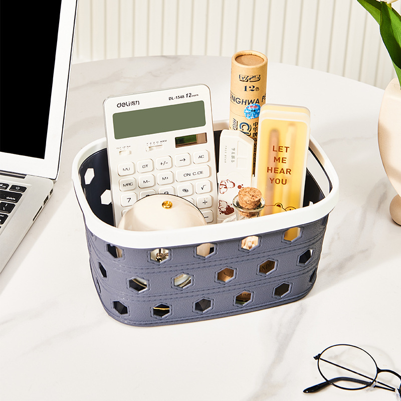 Oval-shaped hexagonal leather textured storage basket, plastic PP shelf, small basket for organizing miscellaneous items, kindergarten storage basket details Picture