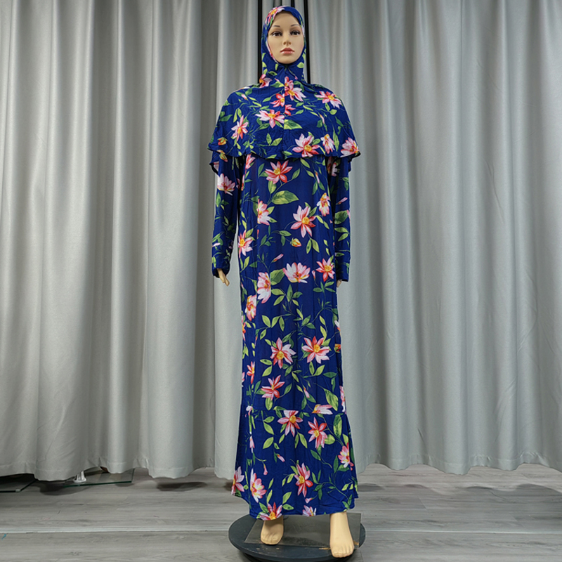 New fashionable and best-selling women's Muslim headscarf and robe two-piece set, European and American slim-fit one-piece dress, printed small floral wish Specification image