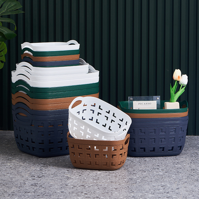 Double-ear oval L large leather-textured storage basket, plastic PP hand-held desktop storage basket, kindergarten toy organizing basket