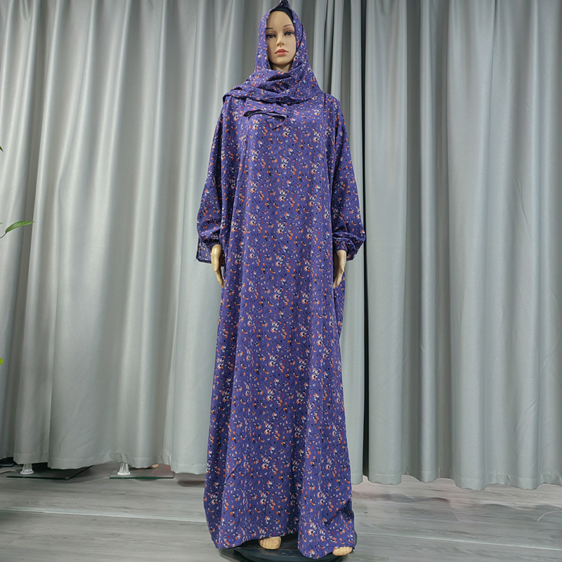 Cross-border factory direct sales, elegant women's dress with printed hooded scarves, printed small floral patterns, high-quality pure cotton fabric long robe details Picture