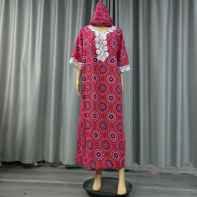 Factory direct sales of cross-border European and American hooded Amazon home wear, short-sleeved printed flower long robe dress, African women's hooded scarf, short-sleeved two pieces Specification image