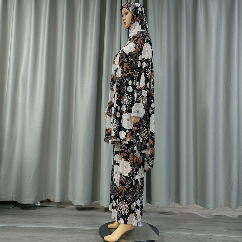 A two-piece set of cross-border large wharf scarf long dress, printed large flower women's prayer robe, casual daily, ethnic, European and American fashion new long dress, hot-selling long style Specification image