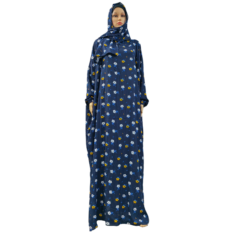 Cross-border factory direct sales, elegant women's dress with printed hooded scarves, printed small floral patterns, high-quality pure cotton fabric long robe Item Picture