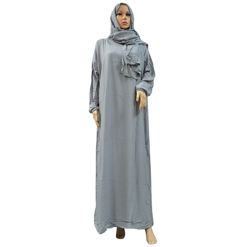 Muslim solid-color fashionable long dress, elegant women's scarf style with hat, pure cotton dignified prayer robe, ethnic style long dress and long robe Item Picture