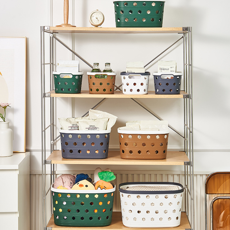 Oval-shaped hexagonal leather textured storage basket, plastic PP shelf, small basket for organizing miscellaneous items, kindergarten storage basket Specification image