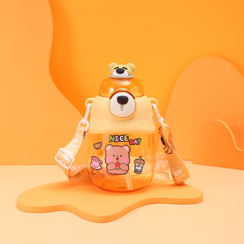Summer new cartoon bear big-bellied cup for both boys and girls, high appearance level plastic cup with lanyard, transparent straw cup Specification drawing