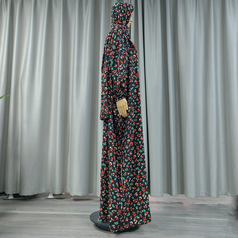 Cross-border printed hooded scarf elegant women's dress with small floral prints, high-quality pure cotton long robe dress, pure cotton hot sale, factory direct sales details Picture