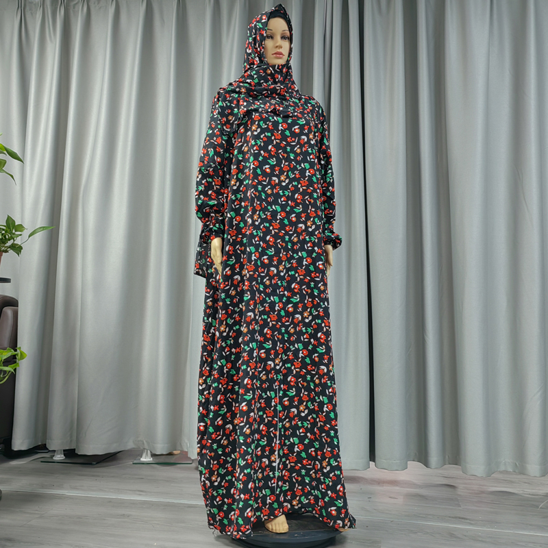 Cross-border factory direct sales, elegant women's dress with printed hooded scarves, printed small floral patterns, high-quality pure cotton long robe, hooded lady's elegant robe details Picture