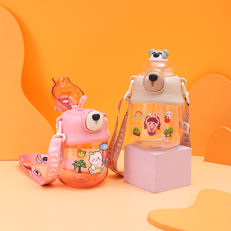 Summer new cartoon bear big-bellied cup for both boys and girls, high appearance level plastic cup with lanyard, transparent straw cup details Picture